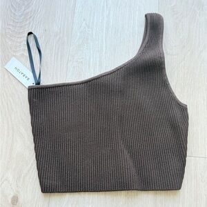 Babaton Brown Ribbed One-Shoulder Tank Top
